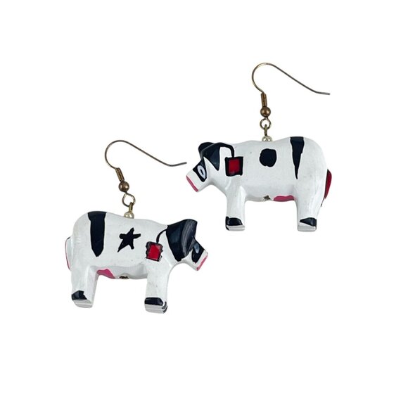 Handcrafted Wooden Cow Earrings Cute Farm Animal Dangle Jewelry Whimsical - Picture 3 of 6